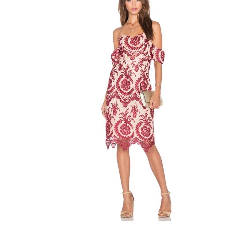 NBD Cream Midi Dress with Red Lace Overlay